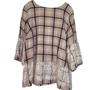 Lane Bryant Pink Plaid Blouse Women's 14 / 16 Lace Girly Fall Light Academia